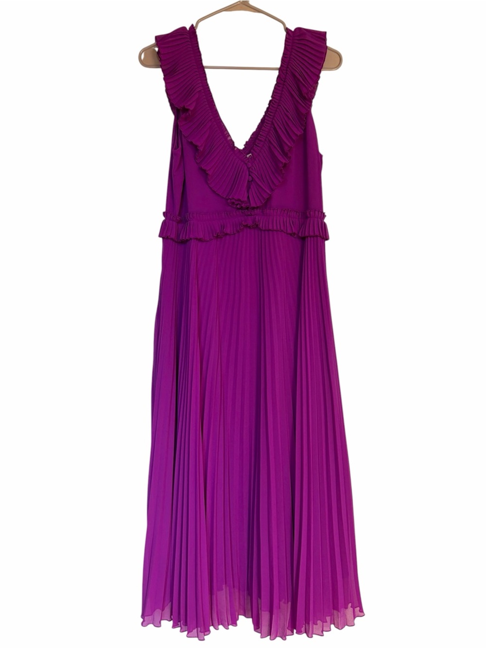 Sezane Rachelle Midi Dress Violet Magenta Accordion Pleated V-Neck Ruffle - Picture 3 of 13